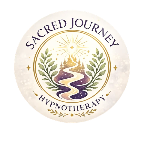 Sacred Journey Hypnotherapy logo — a winding path leading toward light, framed by botanical laurels